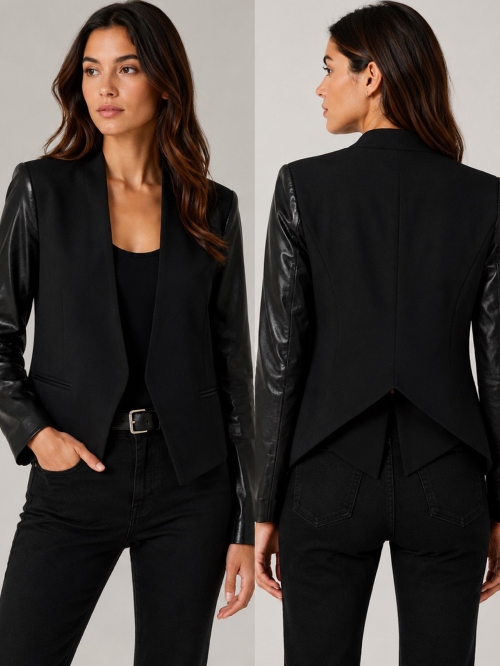 Helmut Lang Smoking Wool Tuxedo Blazer Black Cropped Lamb Leather Sleeves-8